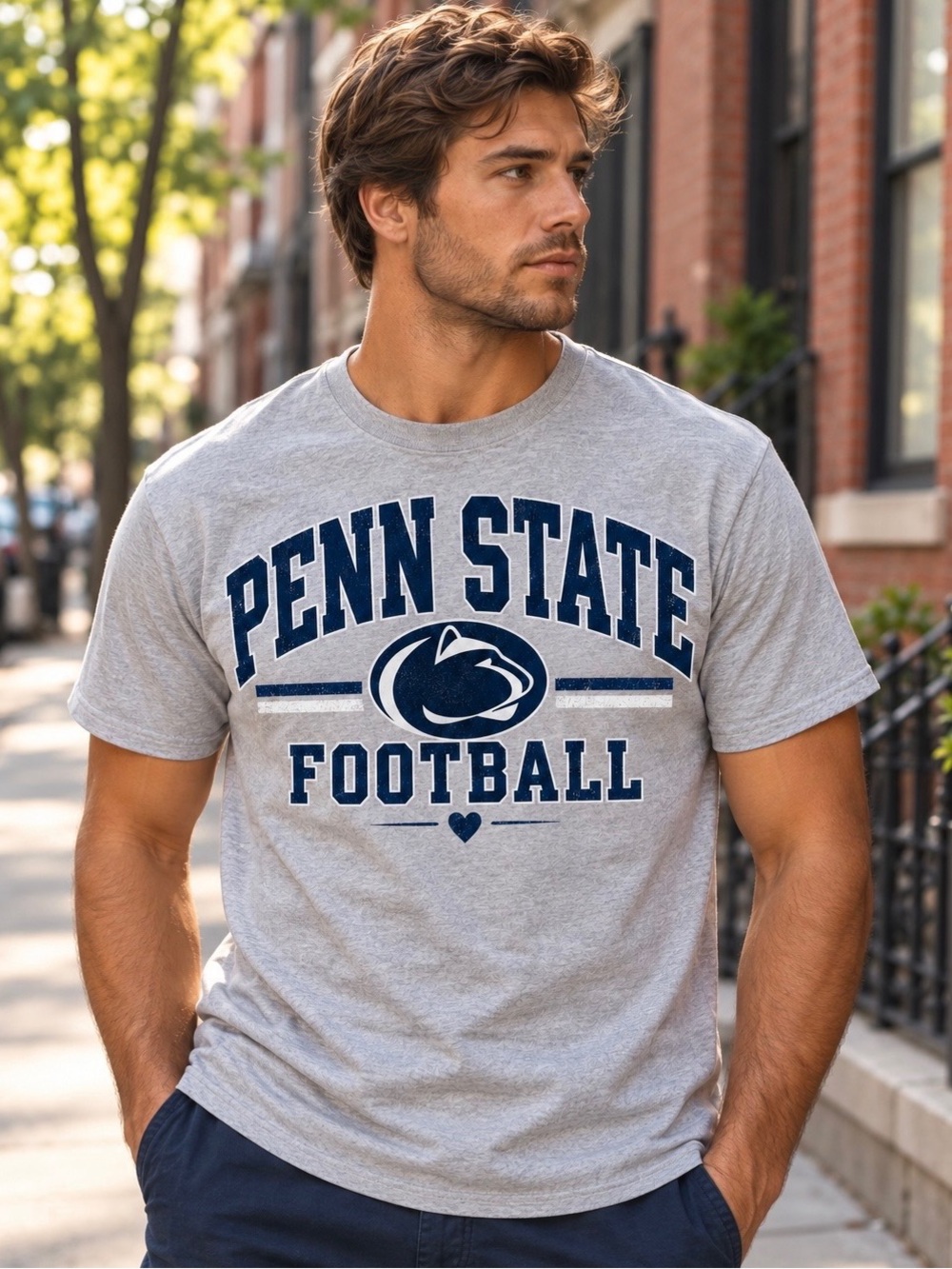 Gildan Gray Penn State Football Tee with Navy Logo